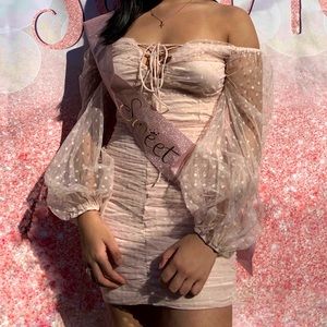 Windsor Blush Off The Shoulder Ruched Dotted
Mini Dress